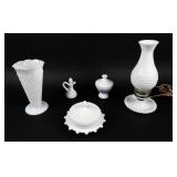 5 Vintage White Hobnail Milk Glass Items