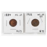 Coin (2) Indian Head Cents 1884 & 1908 AU