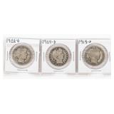 Coin (3) Barber Half Dollars 1908-O, 09-S & 15-S