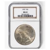Coin 1922  Peace Silver Dollar NGC  MS63