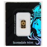Coin 1 Gram .999 Fine Gold Bar Scottsdale Mint
