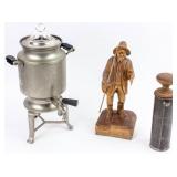 Antique Percolator, Rolling Pin & Vintage Carving