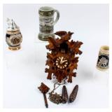 Lot of 3 German Beer Steins and Cuckoo Clock