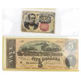 Coin Confederate $5 Note and 10 Cent Fractional