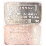 Coin  2 National 1 Troy OZ.  .999 Fine Silver Bars