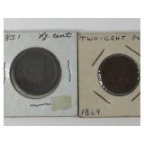 1851 Lg Cent & 1864 2 Cent US Coins