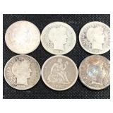 1888 Seated Liberty Dime & 5 Barber Dimes