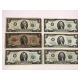 6 VIntage 2 Dollar Bills