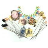 13 Hat Pins, 1 Stick Pin, Pendant, Cameo, & More