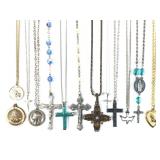 10 Religous Necklaces, 2 Rosaries, Pendant & Pin