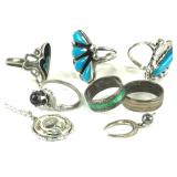3 Sterling Rings, Pin & Necklace +