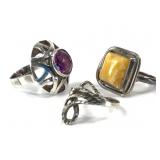 3 Vtg Silver Artisan Rings - Sizes 7, 7.5, 8