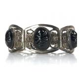 Vtg Mexican Sterling Silver & Carved Onyx Bracelet