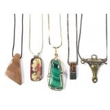 5 Vintage Pendants w/ Cords - Malachite, Amber +