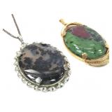 2 Polished Stone Cabochon Pendants w/ Chain