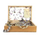 Vintage Wooden Jewelry Box w/ Necklaces +
