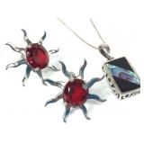 Sterling Sun Screw On Earrings & Abalone Necklace