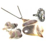 Matching Set Of Abalone Necklace, Earrings & Ring