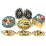 Floral Micro Mosaic Pins, Bracelet, Cufflinks +
