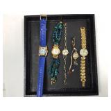 5 Vtg Ladies Watches w/Stones & Glass Bands