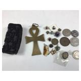 Vtg Ankh Room Key, Lipstick Case, Coins &  More