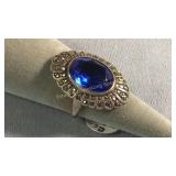 Size 6 Sterling Marcasite & Blue Glass Ring