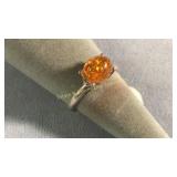 Size 9.5 Sterling Silver & Amber Ring