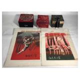 3 Asian Themed Silk Boxes & 2 Prints