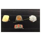 4 Size 9 Rings CZ/ Coral/ Jasper/ Amber