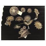 8 Filigree Brooches & 1 Pair of Earrings