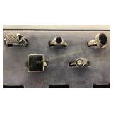 5 Size 8 Sterling Rings Enamel/Onyz/Hawk