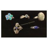 6 Size 8 Sterling Rings Opal/ Lapis/ Jade