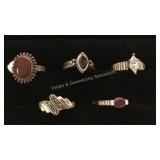 5 Size 8 Sterling Rings Carnilian/ Garnet/ Ruby