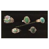 5 Size 8 sterling Rings Glass/ Agate/ Turquoise