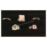 5 Sz 9 Sterling Rings Agate/Rose Quartz/ Amethyst