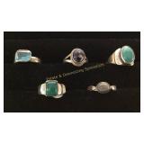 5 Sz 9 Sterling Rings Onyx/Lapis/Labradorite/Turq