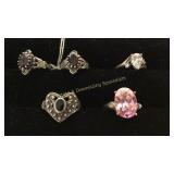 5 Sz 5-6 Sterling Rings Garnet/ CZ/ Pink Ice/ Onyx