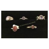 5 Sz 8-8.25 Sterling Rings Amethyst/Ruby/Moonstone
