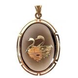 14K Smokey Quartz 2 Swans Pendant 2.8g TW