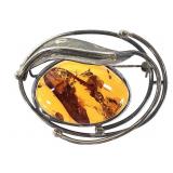 Amber Artisan Made Pin Brooch 2" W