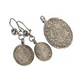 Sterling Aztec Calendar Pendant & Earrings 11.1g W