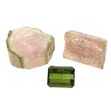 Loose Faceted Gr Tourmaline & 2 Watermelon Uncut