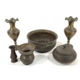 Ornate Brass Vases Lidded Dish & Bowl