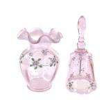 Fenton Floral Pink Glass Vase & Hand Bell
