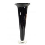 Lg Black Glass Trumpet Vase w/ Clear Base