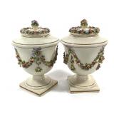 Ceramic Lidded Urns w/ Floral & Bow Accents