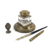 Glass Ink Pot w/ Calligraphy Pen & Wax Stamp
