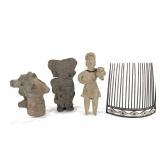 Pre-Columbian Clay Figures & Hair Comb w/ Pearls