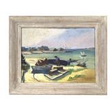 Framed Harbor Scene Oil Painting Artist Signed