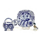 Russian Gzhel Pottery Cow, Kluvers Plate & Duck